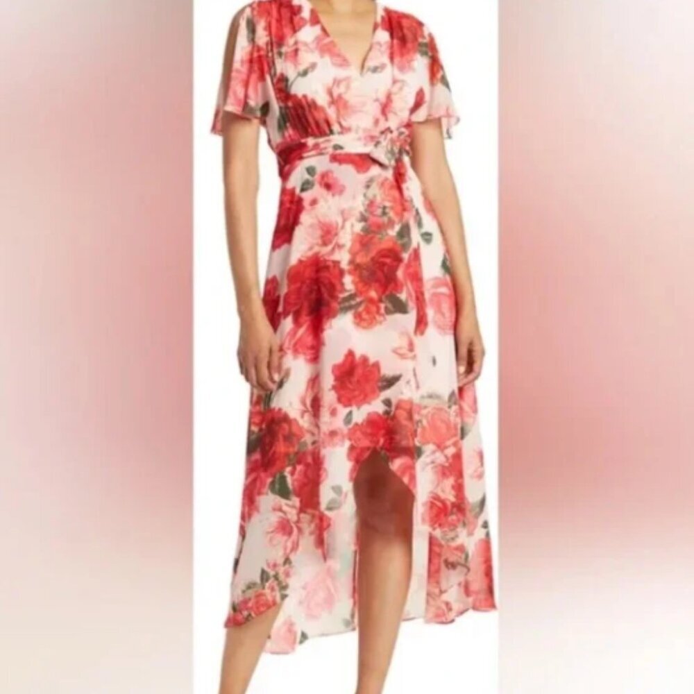 Eliza J High Low Floral Maxi Dress Red/Cream Size 18 NWT